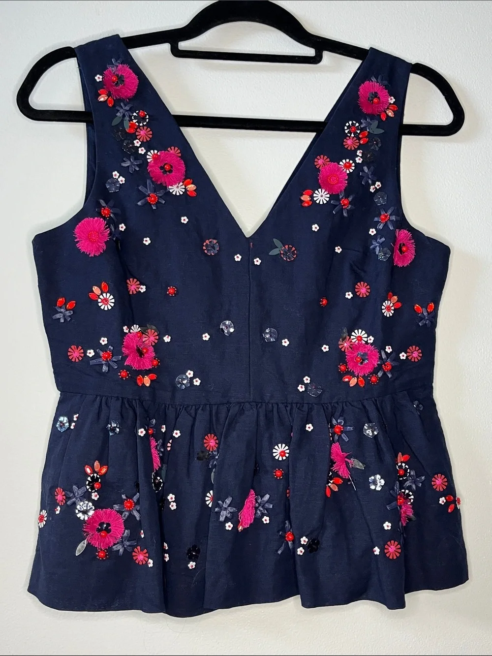 NWT J. crew navy blue embellished beaded floral peplum top zip close V-neck